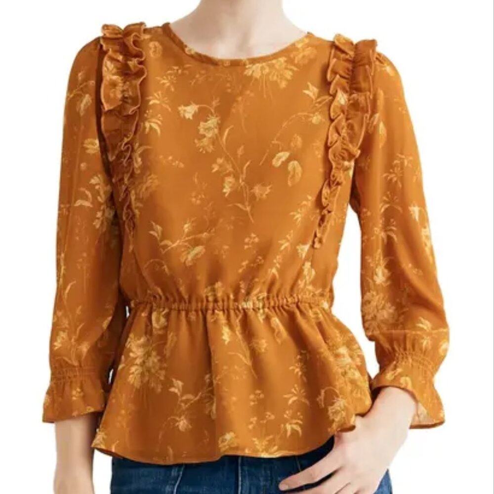 Madewell Ruffle Shoulder Peplum Floral Long Sleeve Print Top Blouse Yellow Small